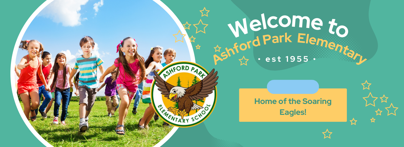 welcome to ashford park elementary with kids running in the field
